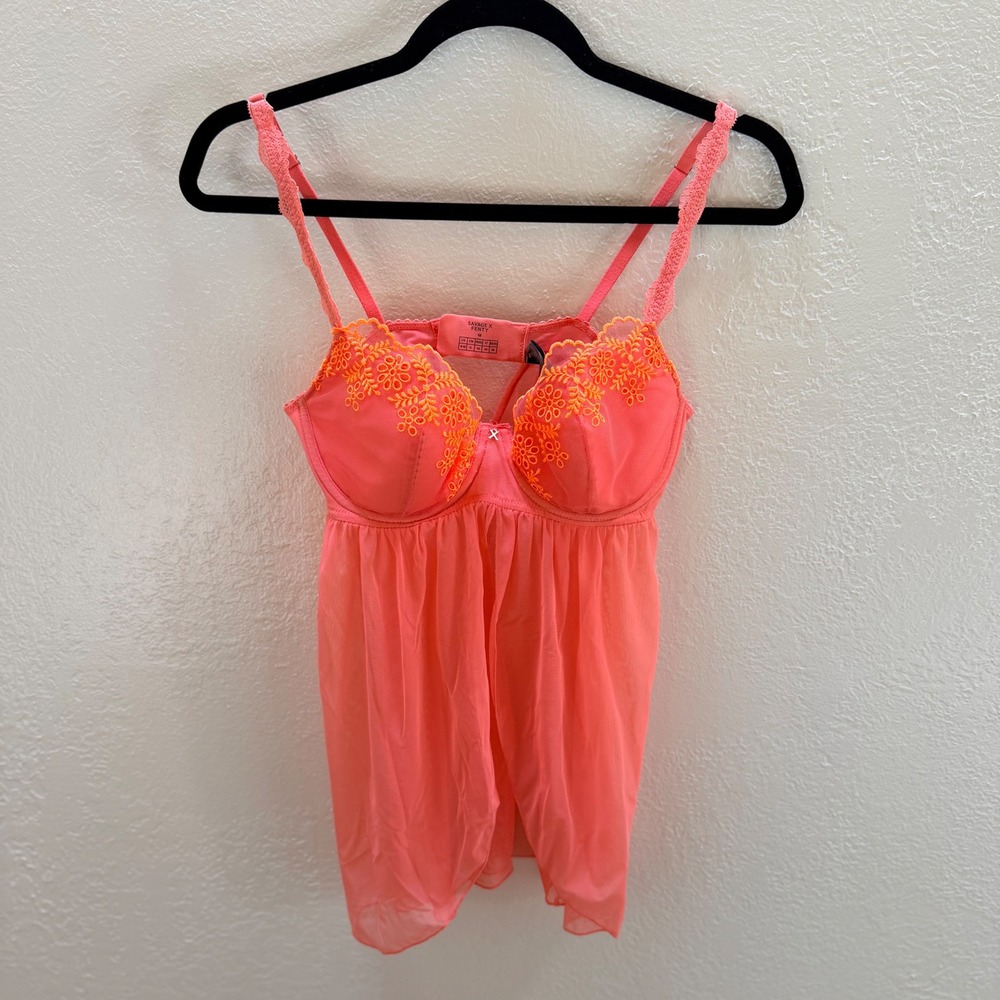 Savage X Fenty Womens M Coral Pink Floral Embroidered Mesh Babydoll Chemise